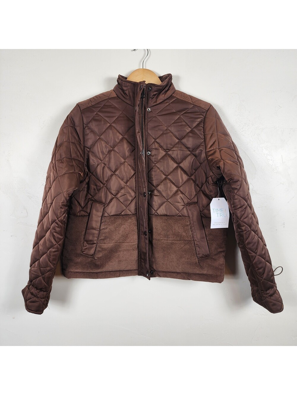 Time and Tru Womens Brown Quilted Puffer Jacket Corduroy Trim Small 4-6 NEW